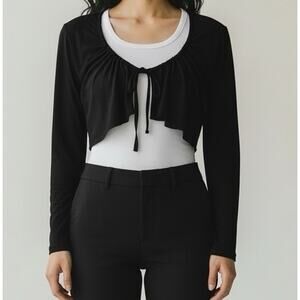 Evelin Brandt Cropped Cinch Tie Cardigan size 6 Black Slinky Knit Minimalist